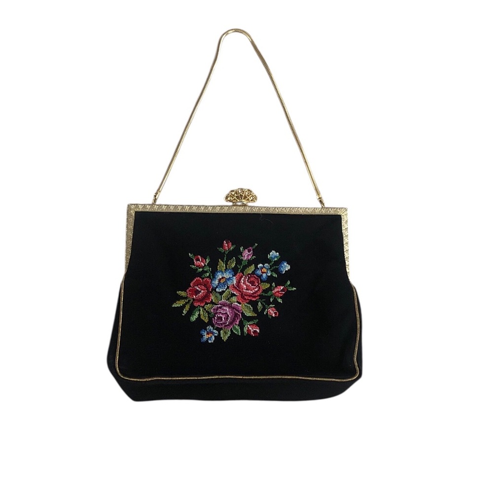 Vintage Floral Embroidered Black Handbag